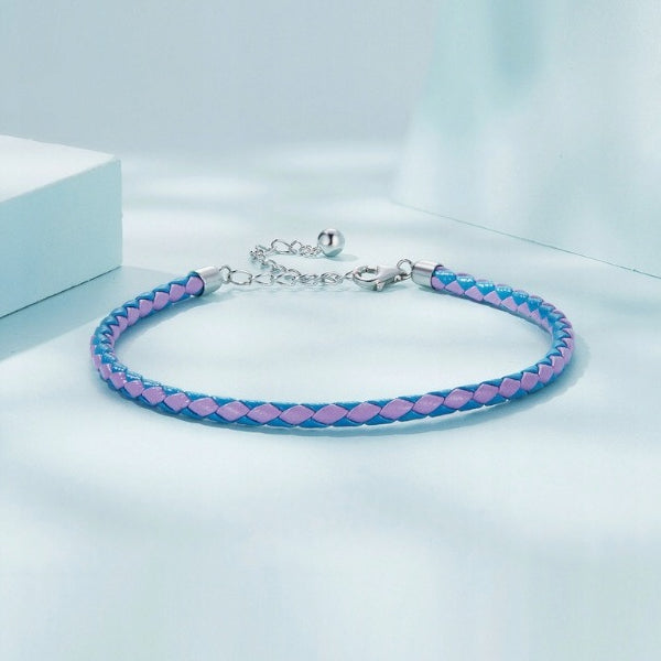 Blauwe en roze leren armband