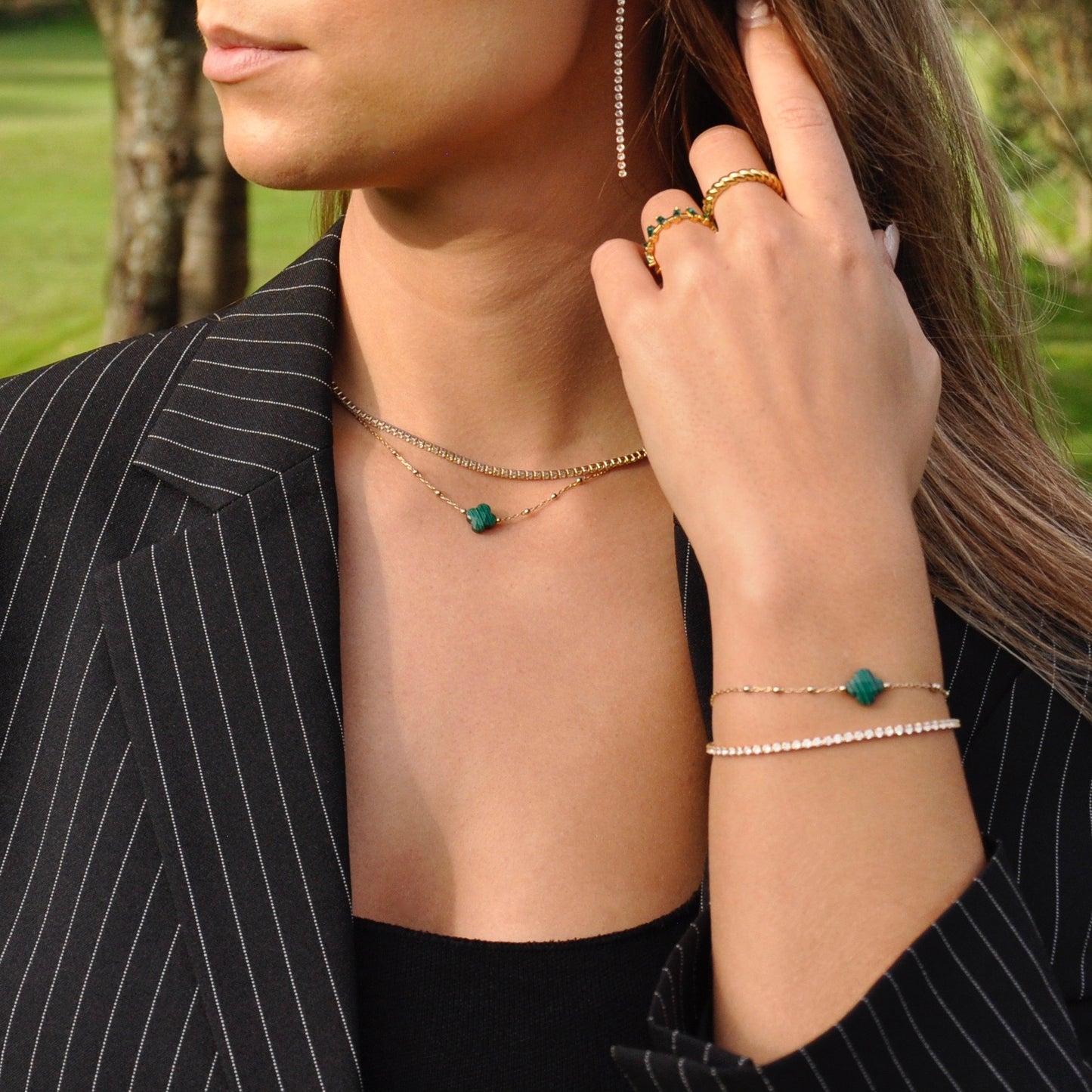 BUDDHA-IBIZA-KETTING-KLAVERTJEVIER-MALACHITE-GREEN-GOUD-GOOGLE-OM-www.buddha-ibiza.nl